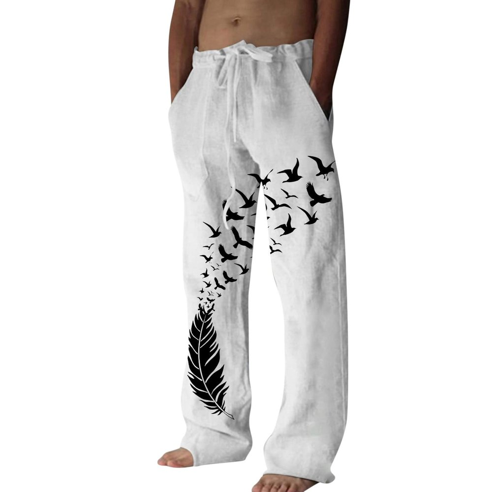 BUDDHI Men's Bird Print Japanese Pants Summer Beach Pants Feather Print Harem Pants Gym Running Workout Pants Techwear Streetwear Hip Hop Joggers Lightweight Elastic Waist Harem Pants White, Medium