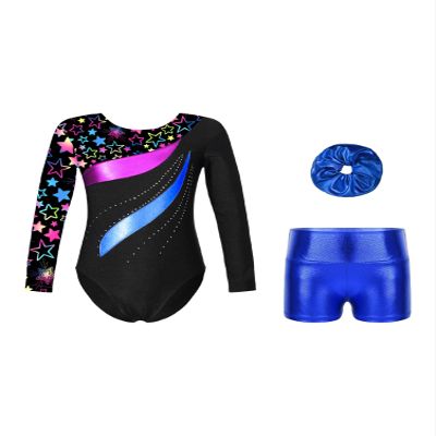 Aislor Kids Girls Printed Patchwork Long Sleeve Gymnastics Dance Leotard Unitard with Athletic Shorts Hair Band Set Royal Blue 14 Years