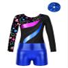 Aislor Kids Girls Printed Patchwork Long Sleeve Gymnastics Dance Leotard Unitard with Athletic Shorts Hair Band Set Royal Blue 14 Years view 3