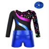 Aislor Kids Girls Printed Patchwork Long Sleeve Gymnastics Dance Leotard Unitard with Athletic Shorts Hair Band Set Royal Blue 14 Years view 4