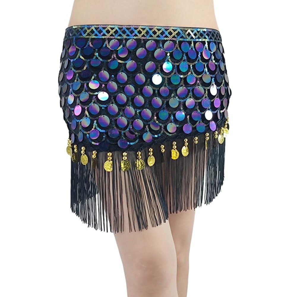 Belly Dance Hip Scarf, Sweet Belly Dance Skirt Wrap Performances Bling Sequins Tassels Belly Dancing Costume for Womens Black