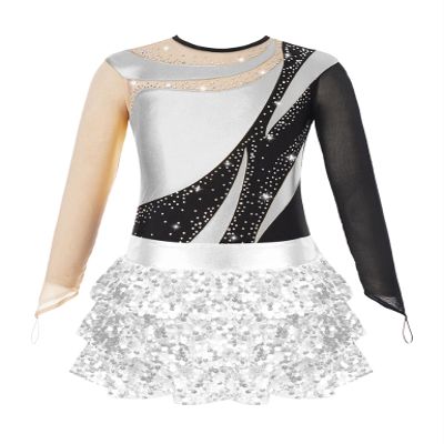 Jowowha Girls Sequin Dance Dress Outfits Set Ballet Dancewear Sparkle Leotard with Skirt Set for Kids 6-16 Years Silver 14 Years
