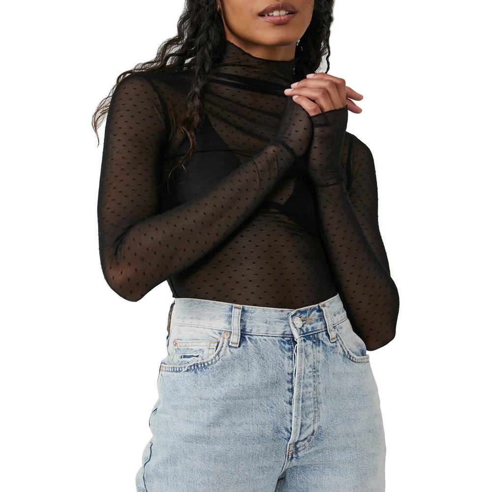 Sheer Mesh Long Sleeve Layering Top for Women Mock Neck Floral Lace Tshirt See Through Tee Shirt Blouse(Dot Black,X-Large