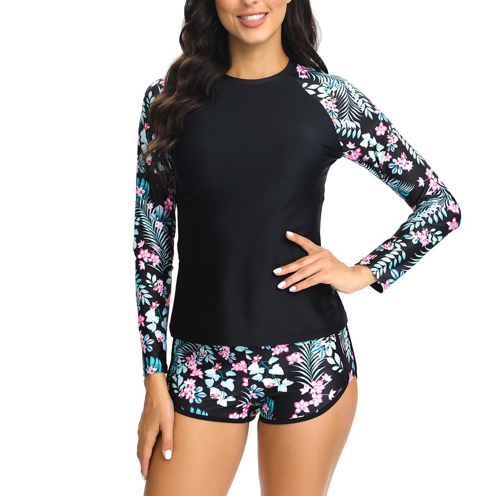 Huilaibazo Women Long Sleeve Rash Guard Swimsuit Summer Beach Surfing Swimwear UPF 50+ and Boyshort 2 Piece Bathing Suit