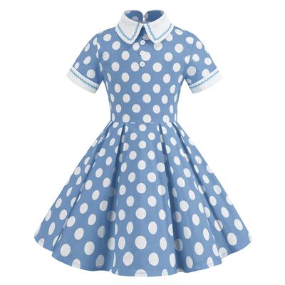 ABAFIP Girls 1950s Vintage Polka Dot Dress Short Sleeve Doll Collar Cap Sleeve Floral Print Retro 50s Swing Party Formal Dresses Light Blue 9-10 Years