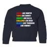 superhotapparel Dream Like Martin Think Educate Challenge Believe MLK Youth Crewneck Sweatshirt (Navy, Youth Large) view 1