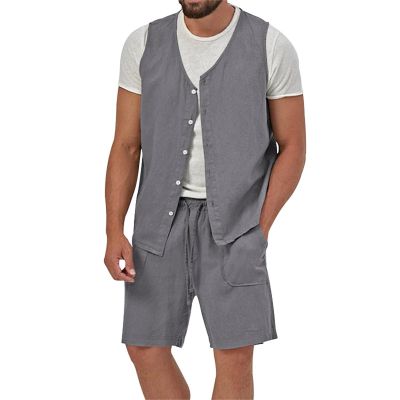 Cambkatl Men's Linen 2 Piece Outfits Sleeveless Casual Button Down Vest and Shorts Solid Color Vacation Beach Sets