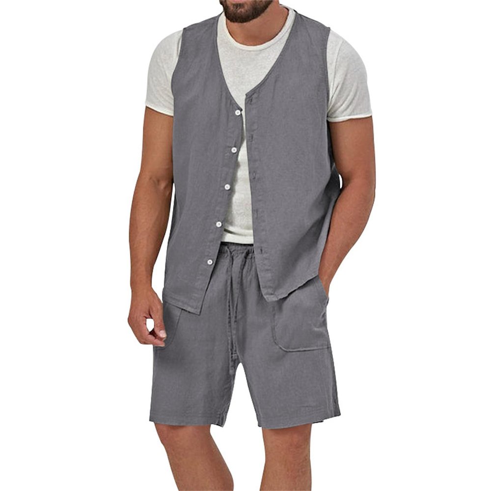 Cambkatl Men's Linen 2 Piece Outfits Sleeveless Casual Button Down Vest and Shorts Solid Color Vacation Beach Sets