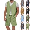 Cambkatl Men's Linen 2 Piece Outfits Sleeveless Casual Button Down Vest and Shorts Solid Color Vacation Beach Sets view 2