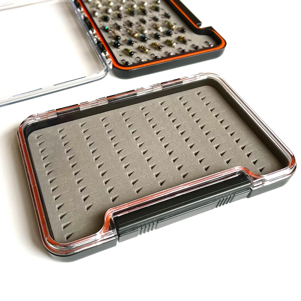 Mavrk Fly Fishing Mini Floating Fly Box, Waterproof Compact Euro Nymph Fly Box with Clear Plastic Lid, Secure Latch Closure, High Density Foam Insert with 103 Fly Slots
