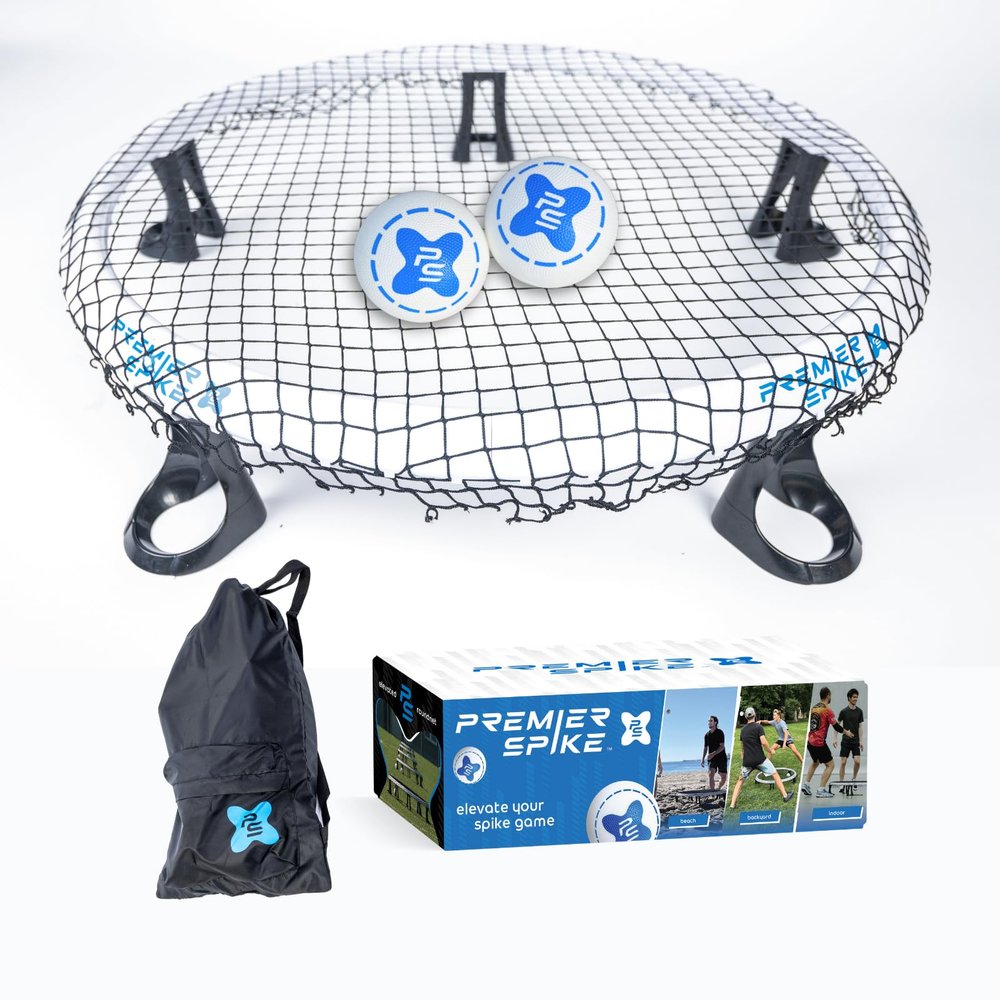 Premier Spike Roundnet Game Set - Top Set in Quality & Durability - Portable Outdoor Game for Beach, Backyard, Camping Game for Kids, Teens & Adults - Net, 2 Balls