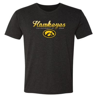 CornBorn Iowa Mens Tshirt - Premium Tri-Blend Script Hawkeyes Full Color Fade Oval Tigerhawk - Black - Large