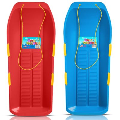 Snow Works 47.5" Toboggan Lifetime Sled: Durable High-Density Plastic Sleds for Adults, Kids, and Teens 2 Person Snow Sleds for Kids and Adults W/Handles and Pull Rope (2 Pack, Red/Blue)