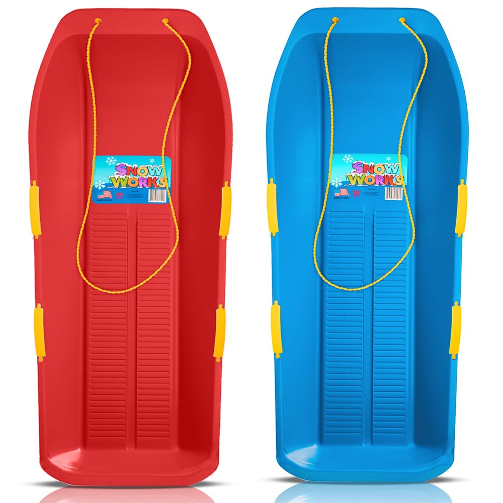Snow Works 47.5" Toboggan Lifetime Sled: Durable High-Density Plastic Sleds for Adults, Kids, and Teens 2 Person Snow Sleds for Kids and Adults W/Handles and Pull Rope (2 Pack, Red/Blue)