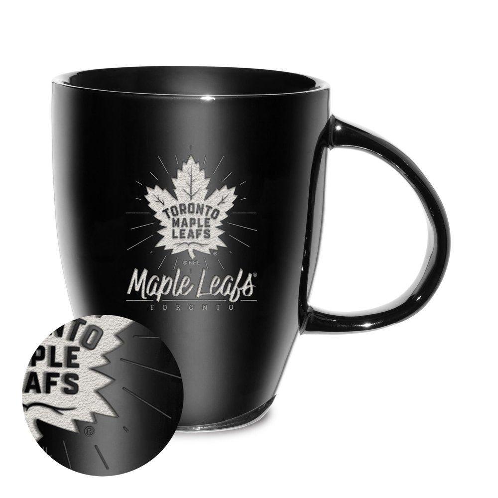 Rico Industries NHL Hockey Toronto Maple Leafs Sunburst Black 18oz Laser Engraved Ceramic Lustre Mug