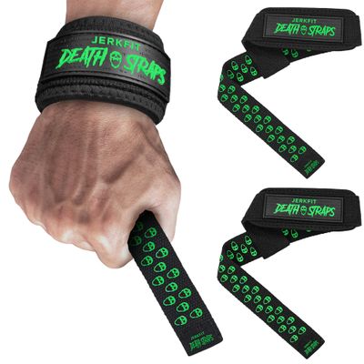 JerkFit Death Straps - Green Weight Lifting Straps for Men Women - Durable Wrist Straps for Weightlifting, Gym Workouts, Deadlifts, Powerlifting- Gym Straps With Ultra Thick Neoprene Padded Wrist Wrap