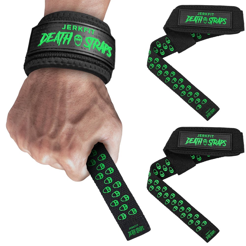 JerkFit Death Straps - Green Weight Lifting Straps for Men Women - Durable Wrist Straps for Weightlifting, Gym Workouts, Deadlifts, Powerlifting- Gym Straps With Ultra Thick Neoprene Padded Wrist Wrap
