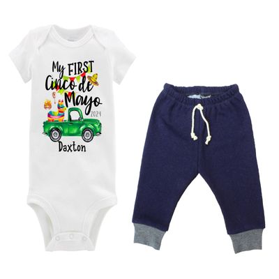 Personalized My First Cinco De Mayo Mexican May 5th Denim Jeggings Green Truck Party Celebration Coming Home Outfit- Bodysuit, Pants (Short Sleeve Bodysuit Only, 9-12M (12M))