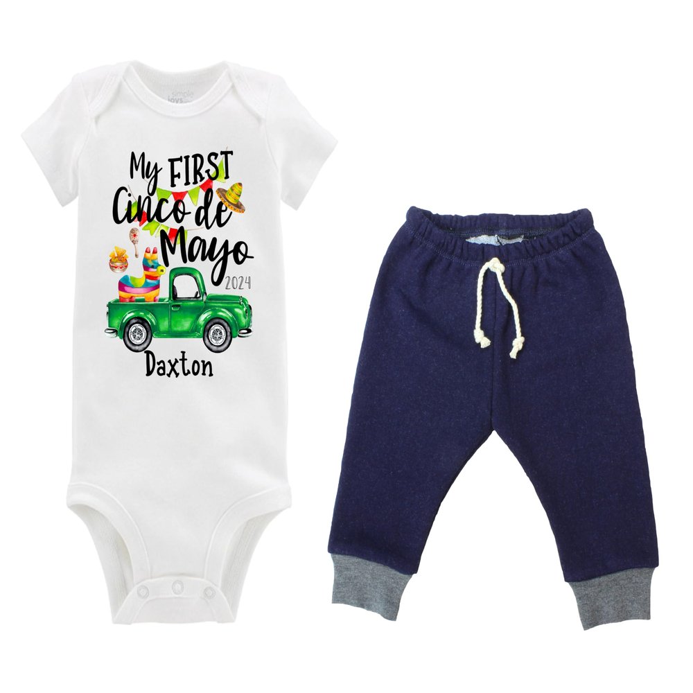 Personalized My First Cinco De Mayo Mexican May 5th Denim Jeggings Green Truck Party Celebration Coming Home Outfit- Bodysuit, Pants (Short Sleeve Bodysuit Only, 9-12M (12M))