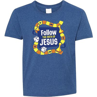 Fun Express VBS Follow The Path of Jesus Youth T-Shirt - Short Sleeve, 50% Cotton/50% Polyester, High-Density Fabric, Tear Away Label - Extra Large Blue
