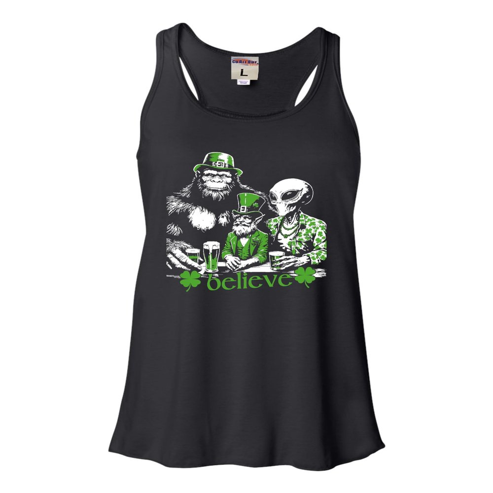 Go All Out Small Black Women Flowy Believe Leprechaun Bigfoot Alien St. Patrick's Day Sleeveless Tank Top T-Shirt