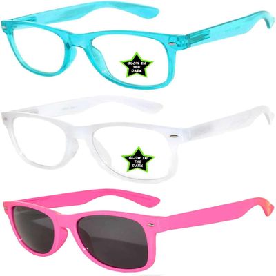OWL 3 Pairs Kids Clear Lens Glasses Girls Boys Glow In The Dark Blue and White, Polarized Pink Smoke