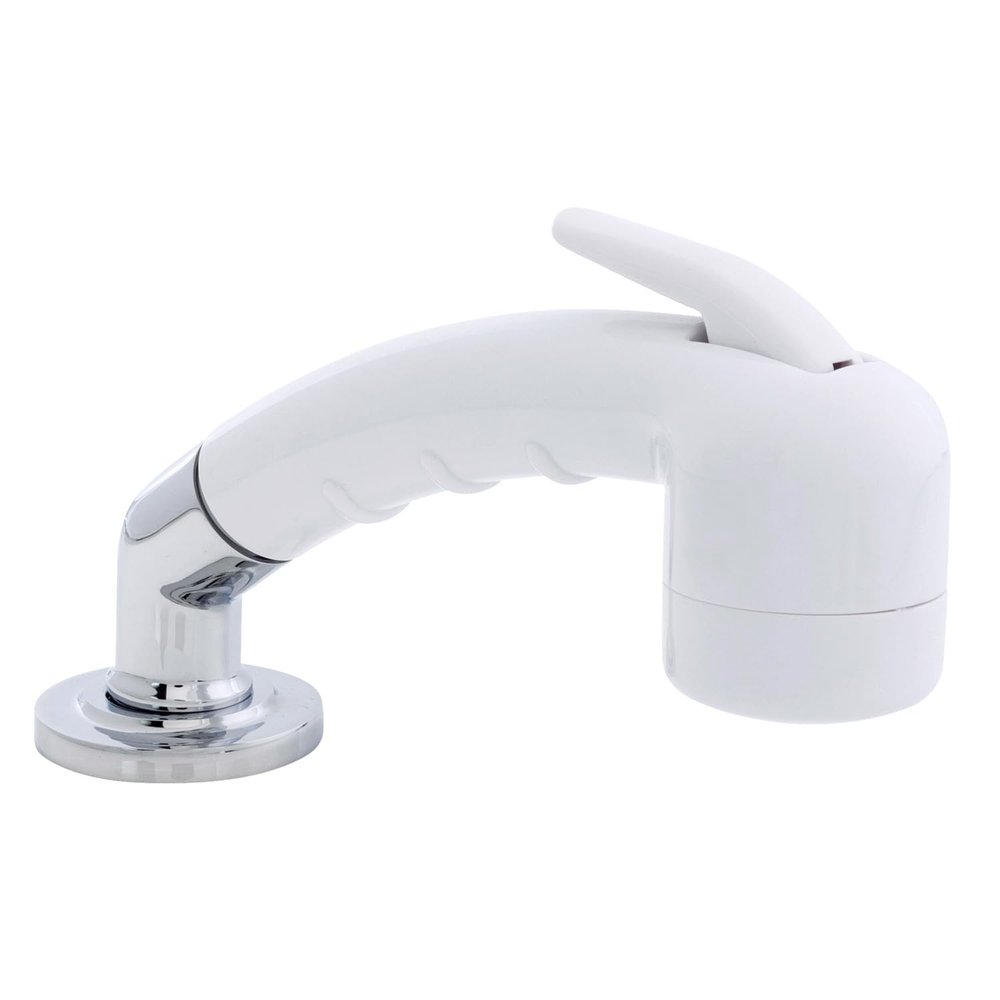 Ambassador Marine Deck-Mount Sprayer- Small Arctic White Sprayer (No Eyelet for Hanging) w/Elbow, 10' White Rubber Hose, Low Profile Holder - 134-0048-AW-W