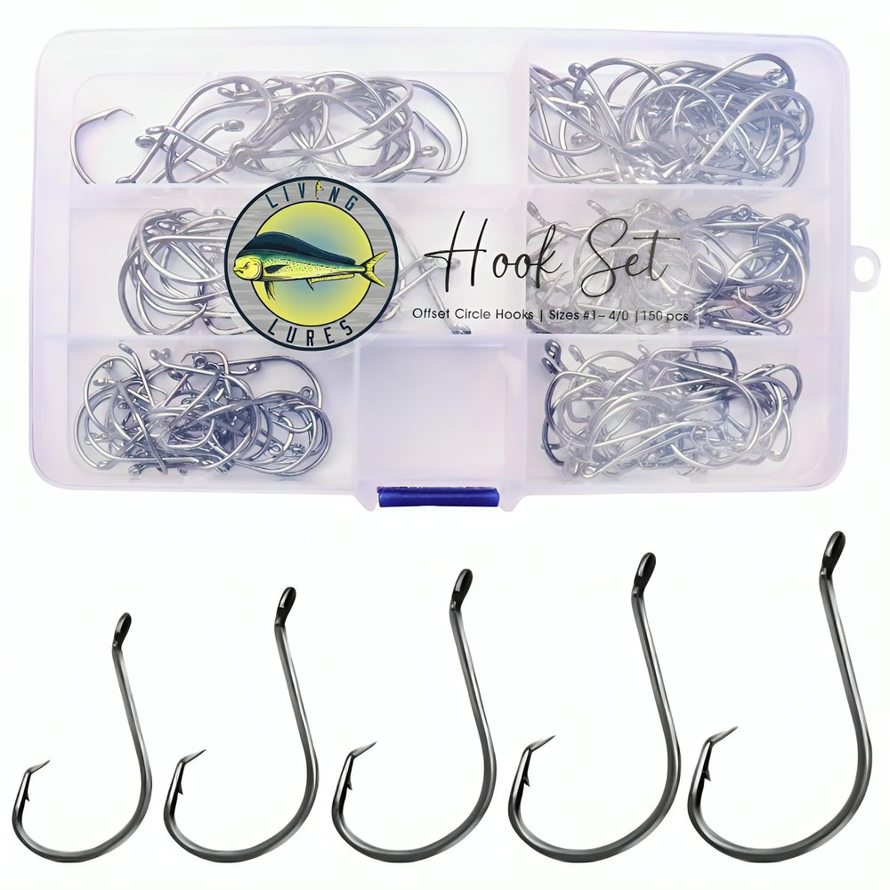 Living Lures Fishing Hooks, Circle Hooks, 150PCS 2X Strong Rust & Corrosion Resistant High Carbon Steel, Saltwater Fishing, Catfishing, Catfish Hooks, Fish Hooks, Sizes 1, 1/0, 2/0, 3/0, 4/0