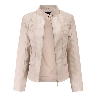 NATHGAM Faux Leather Jacket for Women Trendy Spring Outerwear Zip Up Moto Biker Coat Short PU Motorcycle Outwear with Pockets Beige