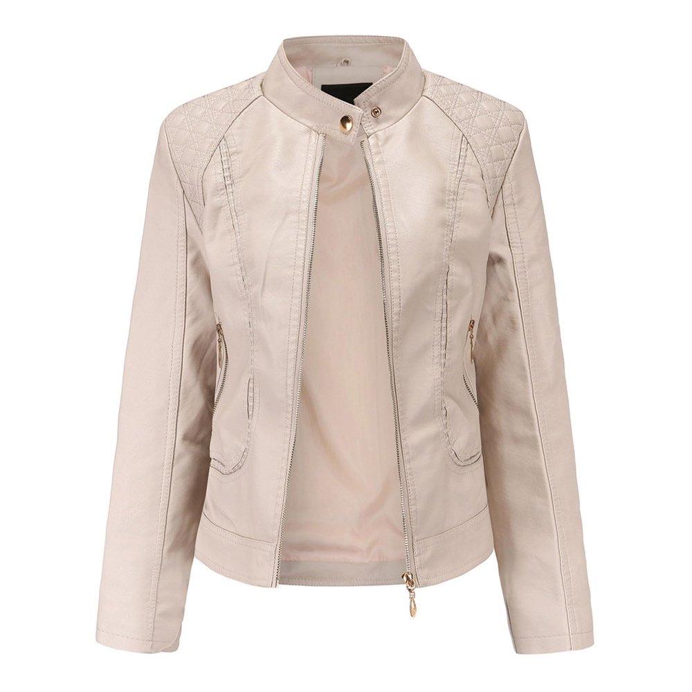 NATHGAM Faux Leather Jacket for Women Trendy Spring Outerwear Zip Up Moto Biker Coat Short PU Motorcycle Outwear with Pockets Beige