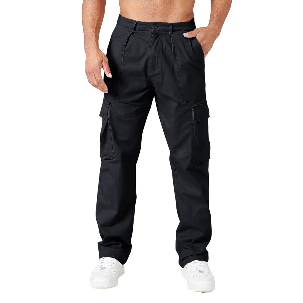 THWEI Cargo Pants for Men Casual Cotton Lightweight Relaxed Fit Stretch Elastic Waist Work Pants Black L