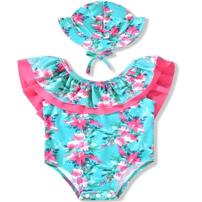 6 Month Baby Girls One Piece Swimsuits Infant Ruffle Floral Bathing Suit Off Shoulder Flower Swimwear Swimming Beach Wear with Hat 6-12 Months
