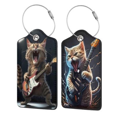 2 Pack Luggage Tags for suitcases Guitar Funny cute cat Luggage Tag, Leather Stainless Steel Loop Label Tag for Men Women Travel Bag Suitcase(Guitar cat)