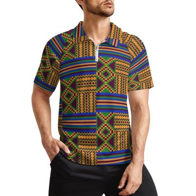 African Kente Print Men's Short Sleeve Shirts Golf T-Shirt Tennis Sportswear Casual Tops Zip-up Pullover
