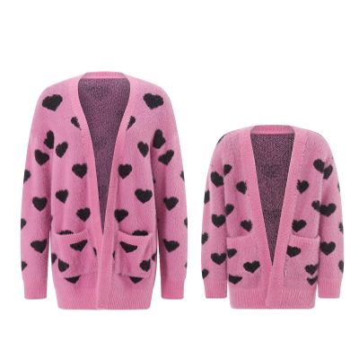 Awoscut Mother and Daughter Matching Clothes Sweater Cardigan Top Long Sleeve Heart Sweater Jumpers Mommy and Me Blouse (Kids, Black-Pink, 3-4 Years)