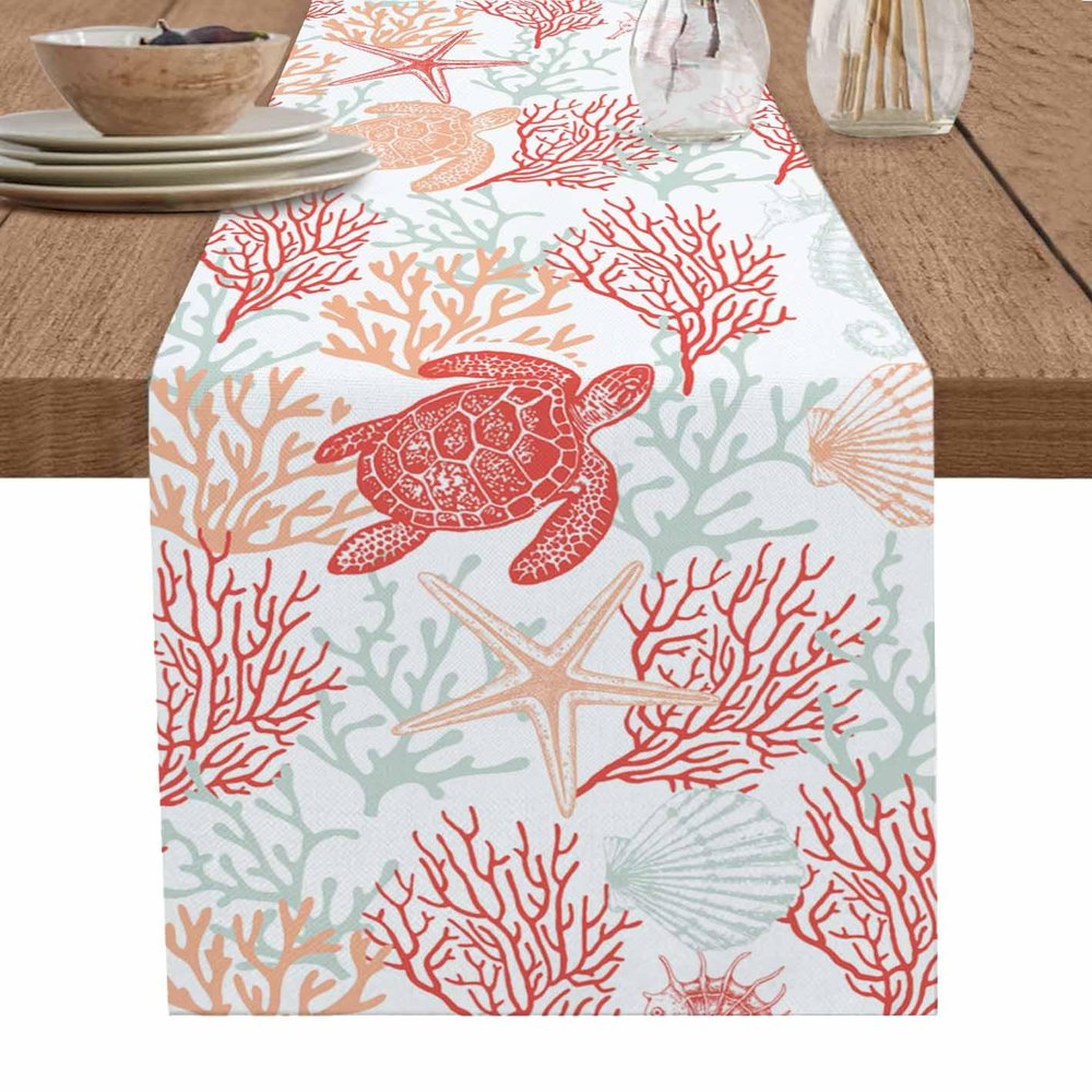 Red Orange Coastal Table Runner 120 Inches Long, Summer Beach Nautical Farmhouse Dress Scarves, Sea Turtle Ocean Coral Dining Tablerunner for Coffee Table/Kitchen Island/Party Dcor, 13" x 120"