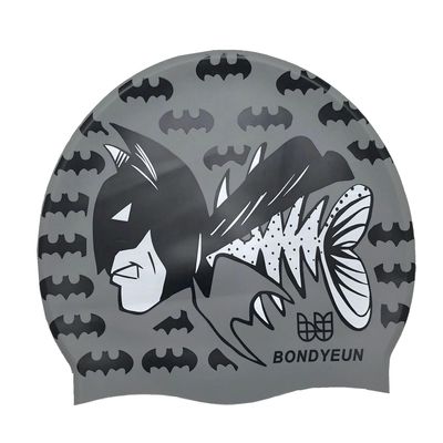 BONDYUEN Swim Cap Fit Kids Boys Girls Men Women with Short or Medium Hair Fun Cute Design Patterns Silicone Swimming Caps (Gray Batman)