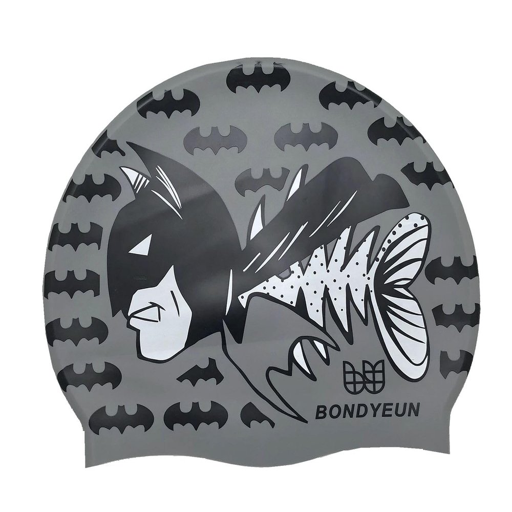 BONDYUEN Swim Cap Fit Kids Boys Girls Men Women with Short or Medium Hair Fun Cute Design Patterns Silicone Swimming Caps (Gray Batman)