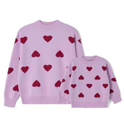 Awoscut Mother and Daughter Matching Clothes Sweater Cardigan Top Long Sleeve Heart Sweater Jumpers Mommy and Me Blouse (Kids, 02 Purple, 3-4 Years)