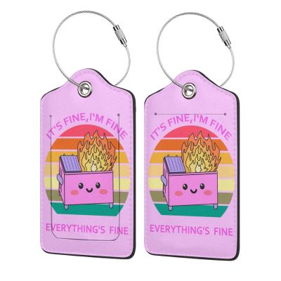 2 Pack Luggage Tags for suitcases Cute Pink Trash on fire I'm Fine It's Fine Luggage Tag, Leather Stainless Steel Loop Label Tag for Men Women Travel Bag Suitcase(Pink Trash)