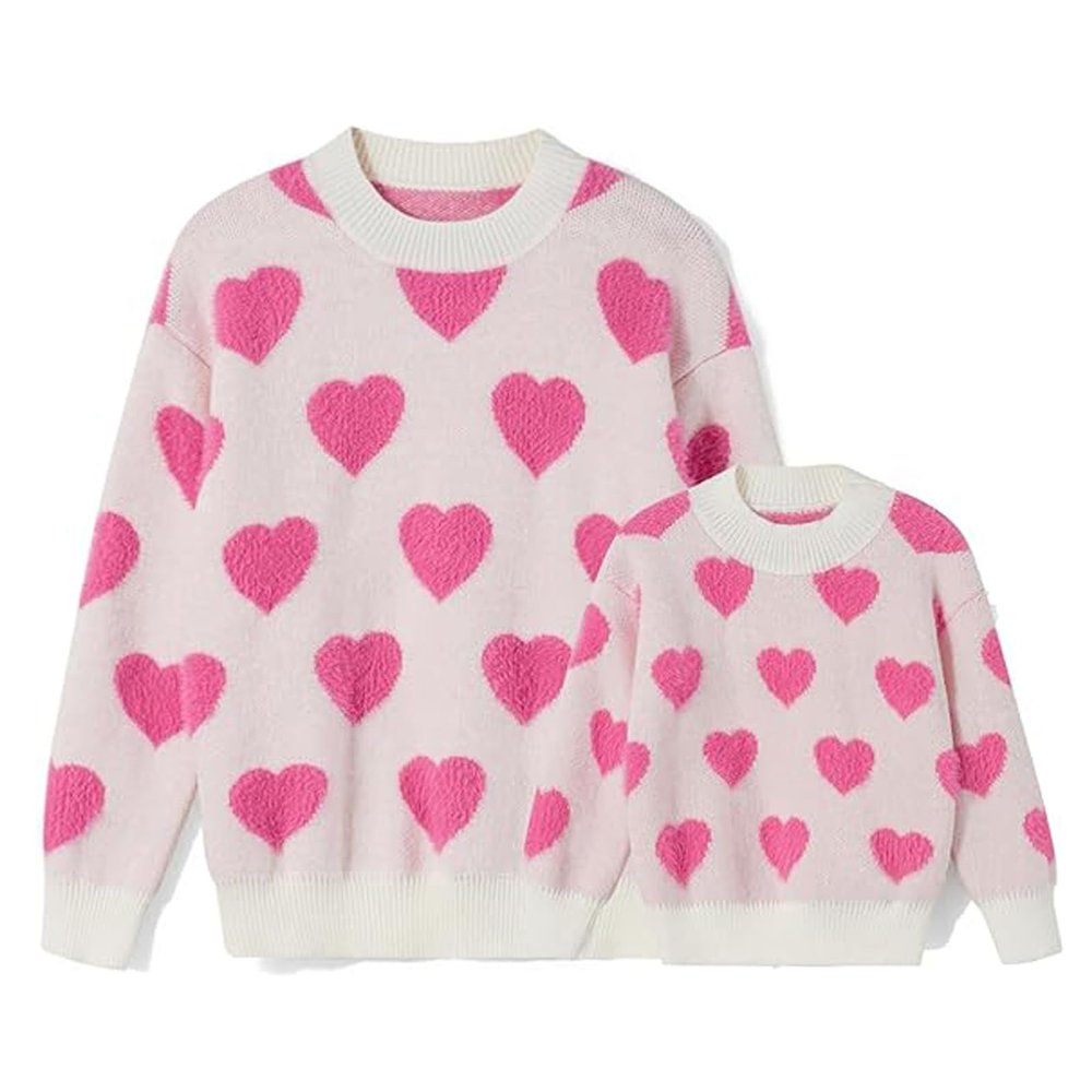 Awoscut Mother and Daughter Matching Clothes Sweater Cardigan Top Long Sleeve Heart Sweater Jumpers Mommy and Me Blouse (Kids, 02 Pink, 11-12 Years)