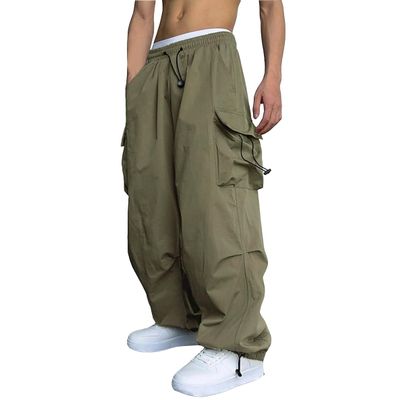 WZIKAI Men's Baggy Cargo Pants Casual Parachute Cargo Pants Loose Fit Hip Hop Harem Pants with Pockets Green XL