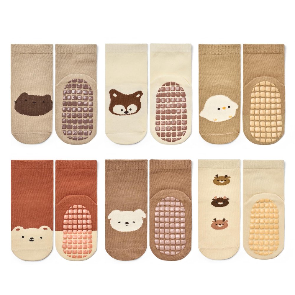 Bearbay Baby Socks 6 Pairs - Non-Slip Gripper for Toddlers, Infants & Kids, Soft Cotton Crew Socks for Boys & Girls