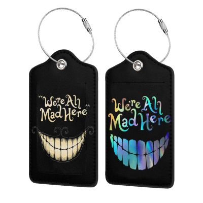2 Pack Luggage Tags for suitcases Funny Cute Smiley Face We're All Mad Here Luggage Tag, Leather Stainless Steel Loop Label Tag for Men Women Travel Bag Suitcase(Smiley)