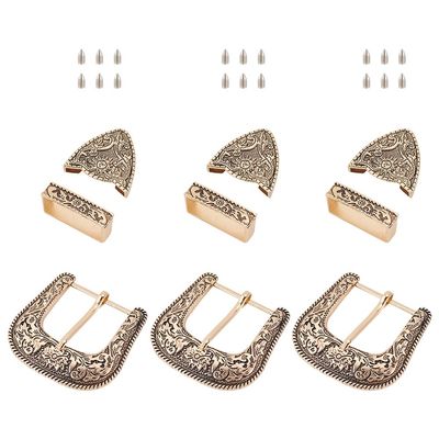 BENECREAT 3 Sets Antique Gold Belt Buckle Set, 1.5inch Wide Western Cowboy Buckle Alloy Belt Buckle Replacement for Interchangeable Buckles