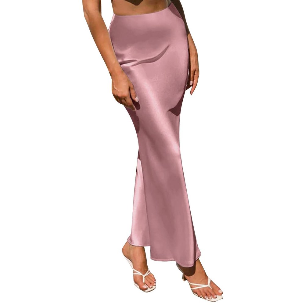 Long Satin Skirt Women's Spring Summer Satin Silk High Waist Ruffle A Line Long Maxi Skirt Tulip Skirts Maxi Silk Skirt for Beach Attire Evening Party Prom Gown Reception Holiday Skirt Pink S