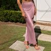 Long Satin Skirt Women's Spring Summer Satin Silk High Waist Ruffle A Line Long Maxi Skirt Tulip Skirts Maxi Silk Skirt for Beach Attire Evening Party Prom Gown Reception Holiday Skirt Pink S view 2