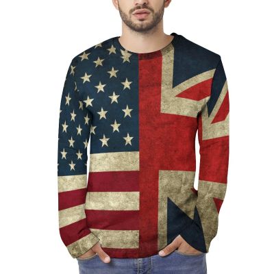 Retro American and The Union Jack Flag Men's Long Sleeve T-Shirt Lightweight Crewneck Shirts Casual Tee Top M