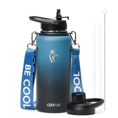 Coolflask Insulated Water Bottle with Strap, 32 oz Metal Water Flask with Straw & Spout Lids, Stainless Steel Double Wall Vacuum, Keep Cold 48h Hot 24h, Leak Proof & Non-BPA, Prussian Blue