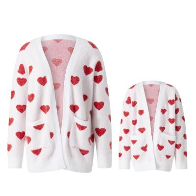 Awoscut Mother and Daughter Matching Clothes Sweater Cardigan Top Long Sleeve Heart Sweater Jumpers Mommy and Me Blouse (Kids, White, 8-9 Years)